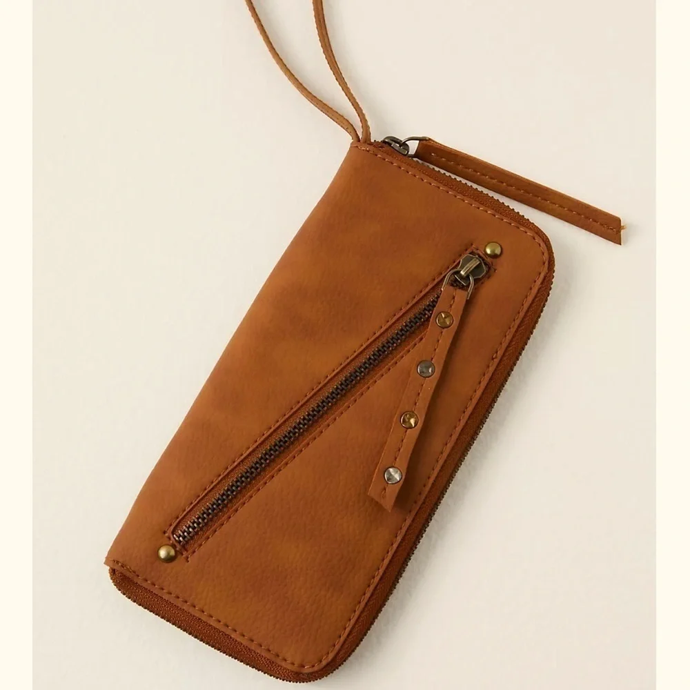 NWT FREE PEOPLE Distressed Vegan Wallet brown studded boho